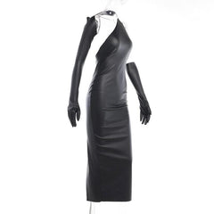 Gloves solid PU leather irregular one shoulder slit midi dress-final-sale