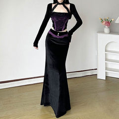 Velvet lace hem beaded maxi skirt