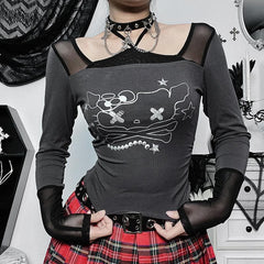 Long sleeve halter cat pattern mesh patchwork stitch top