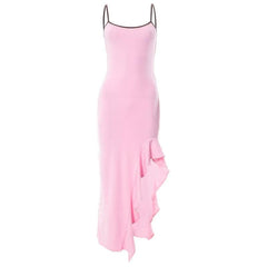 Irregular ruffle backless solid u neck cami maxi dress-final-sale