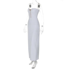 Sweetheart neck shell metal tag button hollow out tube cut out maxi dress