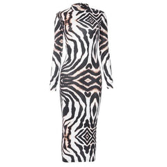 Backless self tie long sleeve tiger print contrast midi dress-final-sale