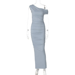 One shoulder ruched ribbed solid maxi dress