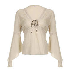 Textured v neck flared sleeve self tie top