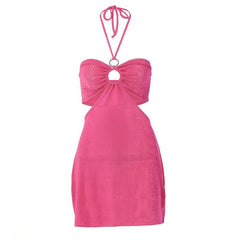 Hollow out solid o ring halter self tie backless cut out mini dress