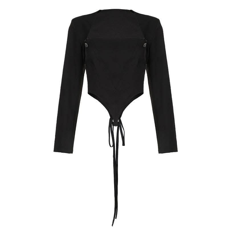 Safety pin applique lace up long sleeve solid crop top-final-sale