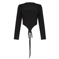 Safety pin applique lace up long sleeve solid crop top-final-sale