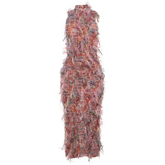 Sleeveless textured ruffle midi dress