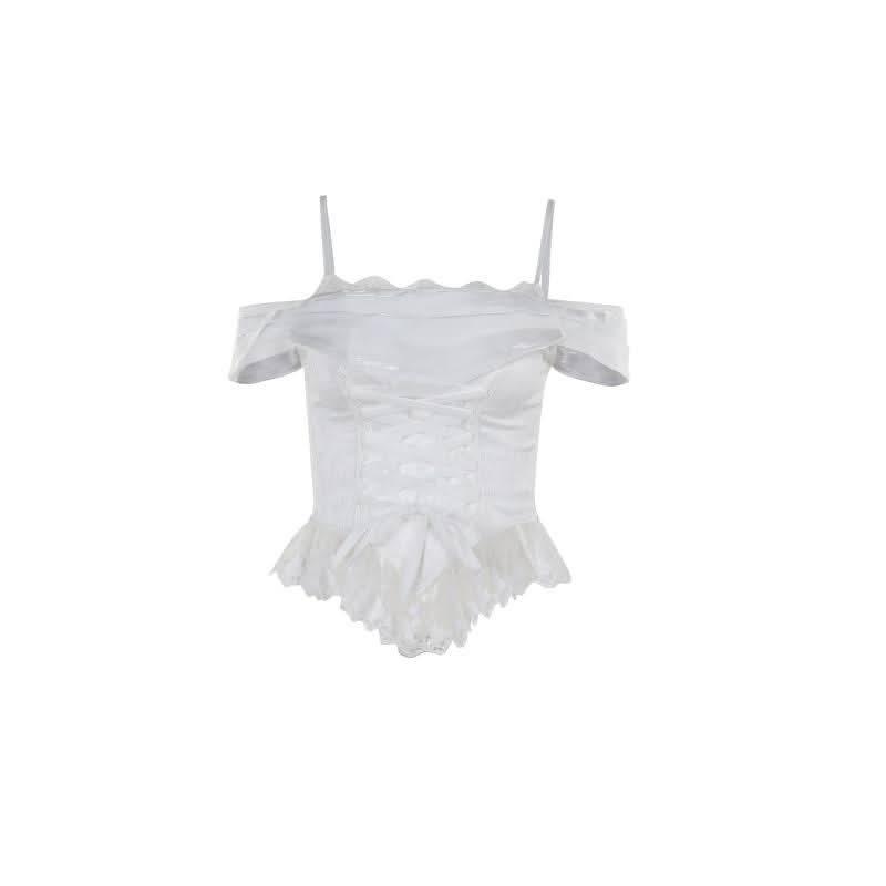 Off shoulder lace hem lace up corset cami top