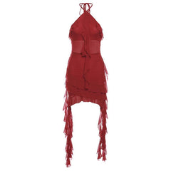 Halter sheer mesh ruffle backless mini dress