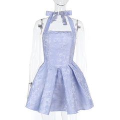 Halter smocked ruched square neck print mini dress