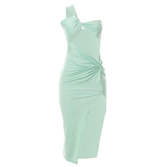 Knotted irregular one shoulder hollow out slit solid cut out midi dress-final-sale