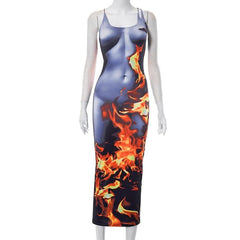 Body print sleeveless contrast backless u neck midi dress-final-sale