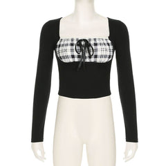 Long sleeve square neck plaid self tie top