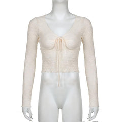 Long sleeve drawstring ruched lace ruffle top