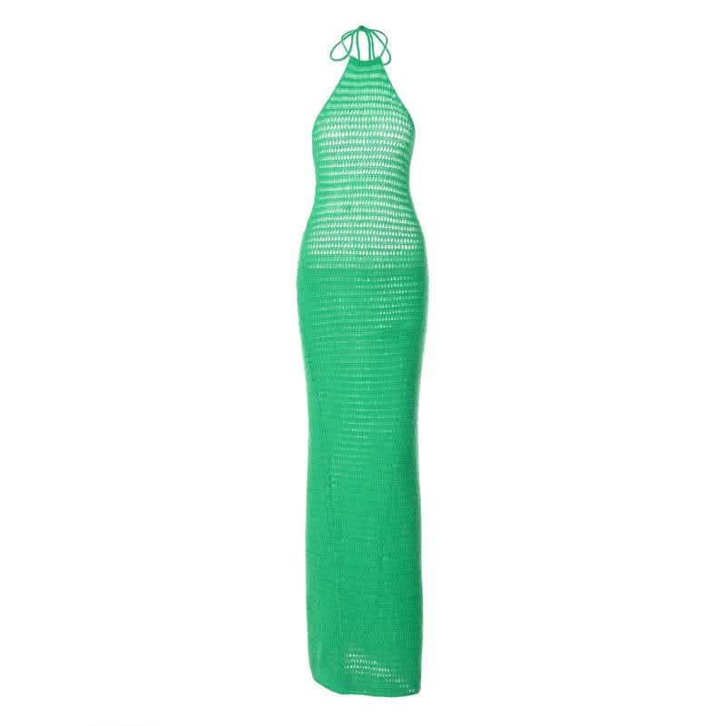 Crochet solid halter backless self tie maxi dress-final-sale
