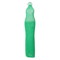 Crochet solid halter backless self tie maxi dress-final-sale
