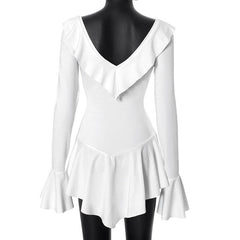Long flared sleeve ruffle v neck mini dress