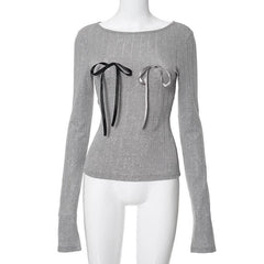 Bowknot applique contrast long sleeve round neck top-final-sale