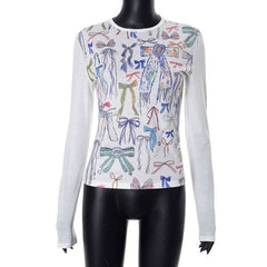 Crewneck long sleeve bowknot print contrast top