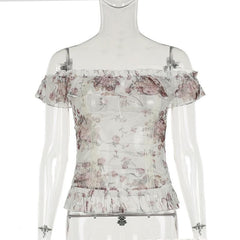 Off shoulder ruffle mesh flower print top