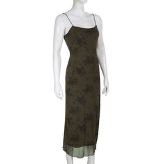 Flower print mesh zip-up cami maxi dress