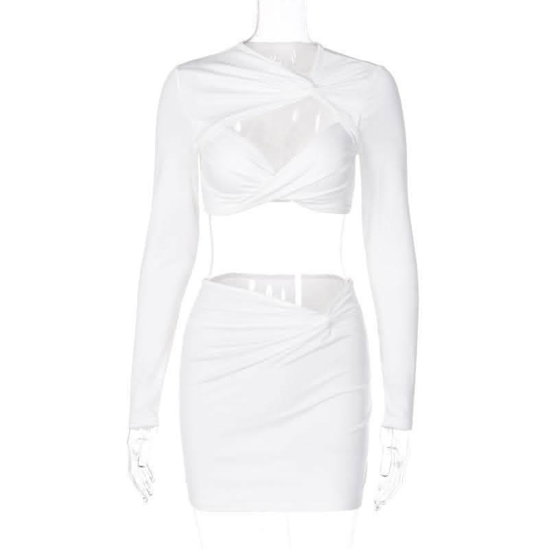 Knotted hollow out solid ruched long sleeve mini skirt set-final-sale