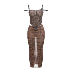 Sheer mesh striped print self tie cami midi skirt set