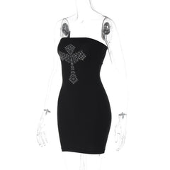 Cross pattern beaded backless tube mini dress