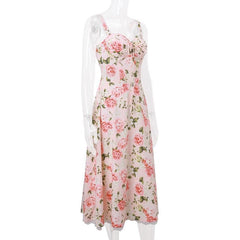 Rose print knotted ruched lace hem cami midi dress