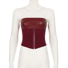 Lace up PU leather button corset solid tube top
