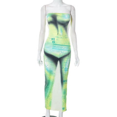 Letter print contrast slit backless sleeveless tube maxi dress-final-sale