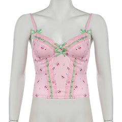 Flower print lace hem bowknot cami top