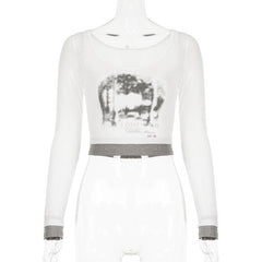 Long sleeve round neck patchwork crop top