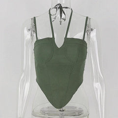 Solid halter notch neck self tie backless cami crop top-final-sale