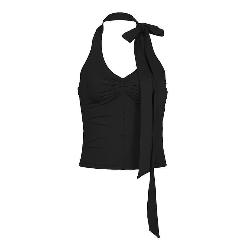 Halter knotted irregular v neck backless top