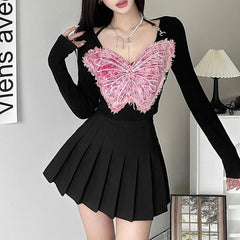 Long sleeve v neck butterfly embroidery halter contrast top-final-sale