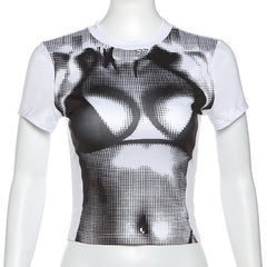 Short sleeve crewneck body print crop top