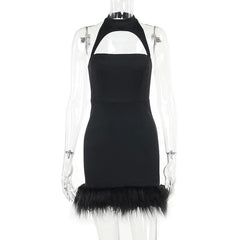 Hollow out halter fluffy backless button solid cut out mini dress-final-sale
