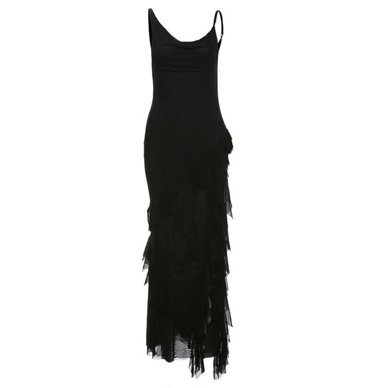 Cowl neck mesh ruffle slit irregular solid cami maxi dress-final-sale