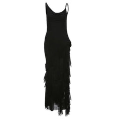 Cowl neck mesh ruffle slit irregular solid cami maxi dress-final-sale