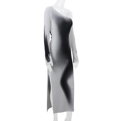 Long sleeve one shoulder ruched palm print gradient slit maxi dress- Final Sale