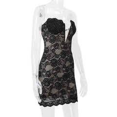 Lace hem beaded backless zip-up tube mini dress