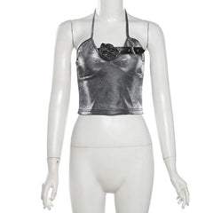 Self tie halter flower applique backless top