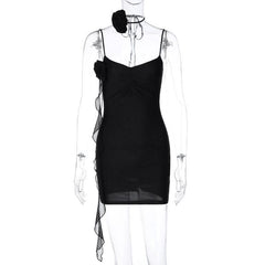Flower applique solid backless v neck ribbon cami mini dress-final-sale