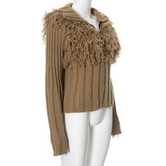 Long sleeve high neck zip-up ribbed knitted top