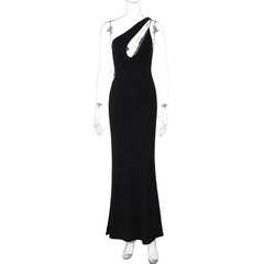 One shoulder o ring lace hem backless maxi dress