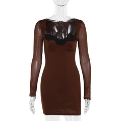Long sleeve lace hem solid mini dress