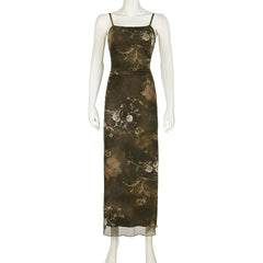 U neck print mesh cami maxi dress
