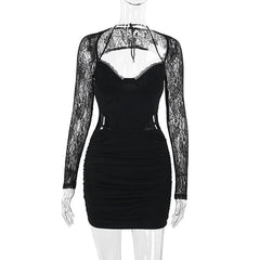 Long sleeve lace hollow out ruched self tie cut out mini dress